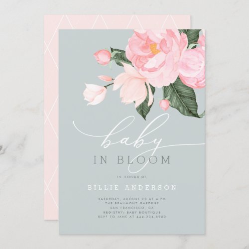 Dusty Blue Blush Floral Girl Baby in Bloom Shower Invitation