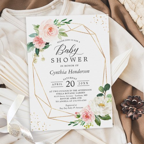 Dusty Blue Blush Floral Gold Geometric Baby Shower Invitation