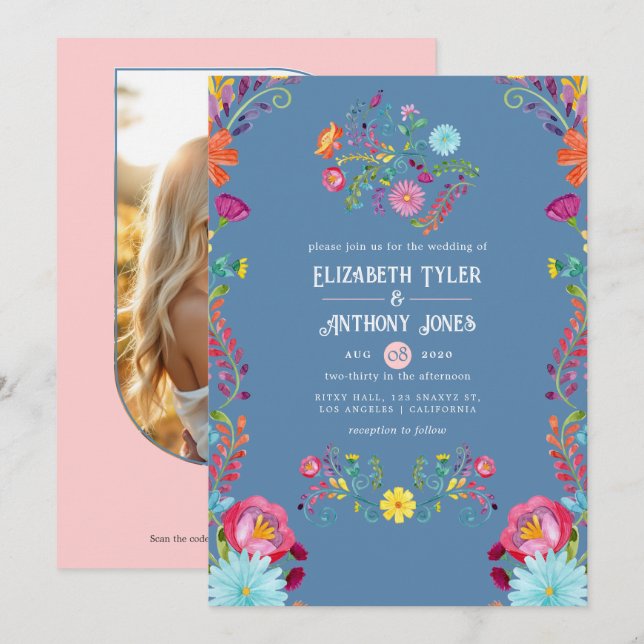 Dusty Blue & Blush Floral Mexican Fiesta Wedding Invitation (Front/Back)