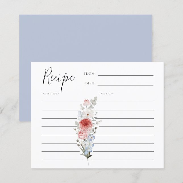 Dusty Blue Blush Floral Recipe Card (Front/Back)