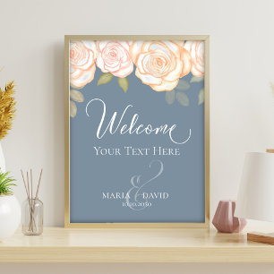 Dusty Blue Blush Floral Wedding Welcome Sign Flyer