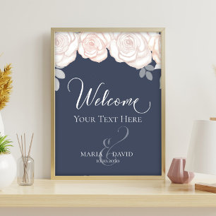 Dusty Blue Blush Floral Wedding Welcome Sign Flyer