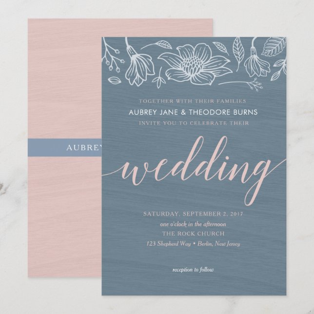 Dusty Blue & Blush Flowers Wedding Invitation Card (Front/Back)