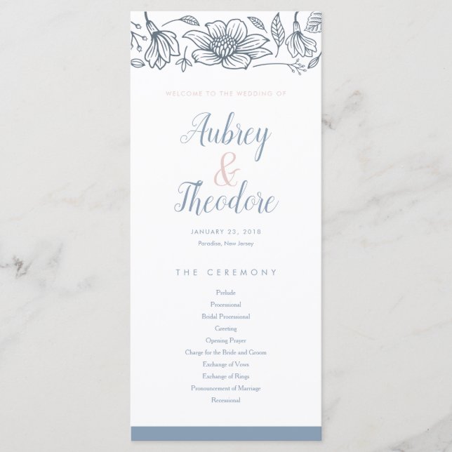 Dusty Blue & Blush Flowers Wedding Program (Front)