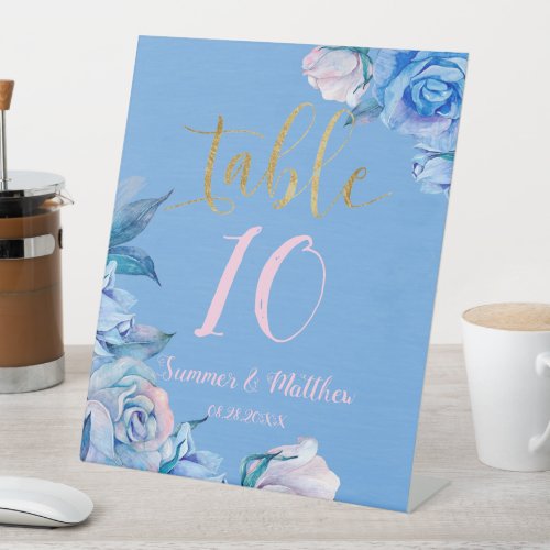 Dusty Blue Blush Gold Roses Wedding Table Numbers Pedestal Sign