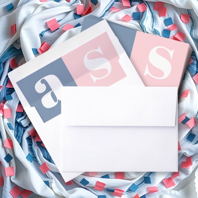 Dusty blue, blush initials bold typography wedding envelope liner (Creator Uploaded)