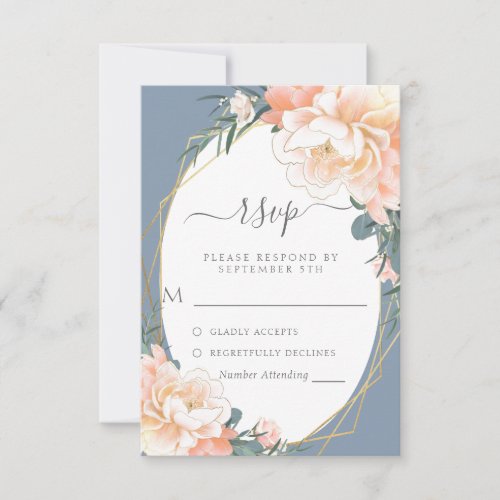 Dusty Blue Blush Peach Cream Gold Floral Wedding RSVP Card