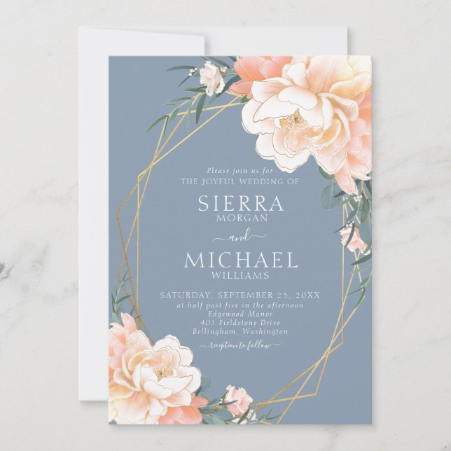 Dusty Blue Blush Peach Gold Floral Wedding Invitation (Front)