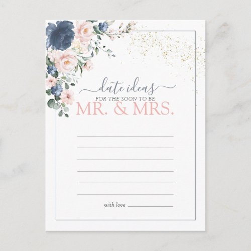 Dusty Blue Blush Pink Date Ideas Postcard - Designed to coordinate with my Light Dusty Blue Blush Pink Gold Bridal Shower Suite, this gorgeous bridal shower "date ideas for the soon to be Mr. & Mrs." card to go with the sign, features a floral bouquet of soft, watercolor roses in shades of trendy dusty blue and blush pink, accented with gold, and bordered in dusty blue.. Part of a coordinated suite. See full collection here: https://www.zazzle.com/collections/light_dusty_blue_blush_pink_gold_bridal_shower-119382468673252777 Contact designer for additional products. Copyright Elegant Invites, all rights reserved.