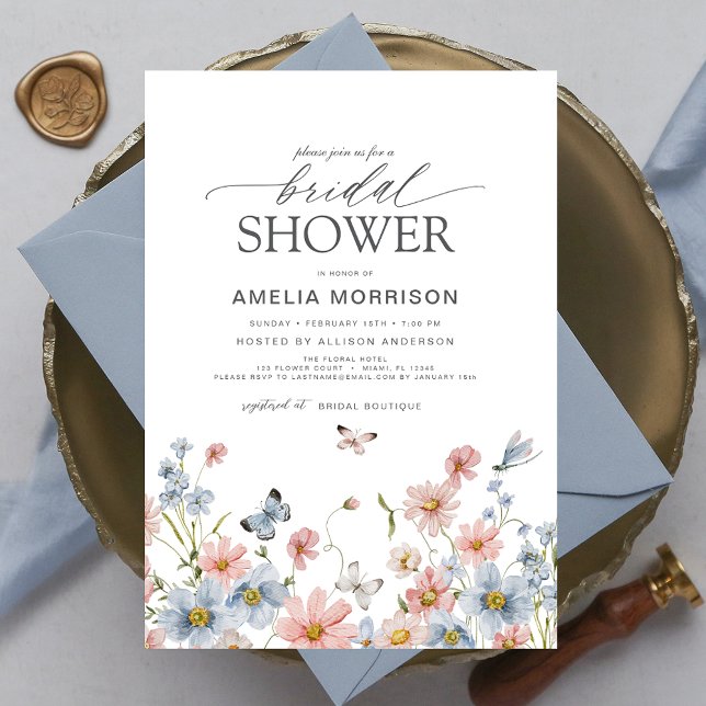 Dusty Blue Blush Pink Elegant Garden Bridal Shower Invitation (Creator Uploaded)
