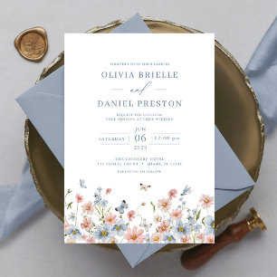 Dusty Blue Blush Pink Elegant Garden Wedding Invitation