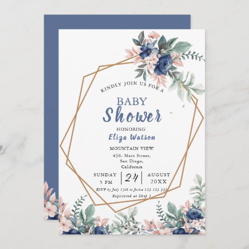 Dusty Blue Blush Pink Floral Baby Shower Invitation