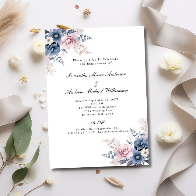 Dusty Blue Blush Pink Floral Botanical Engagement Invitation (Dusty Blue Blush Pink Floral Elegant Formal Engagement party invitation)