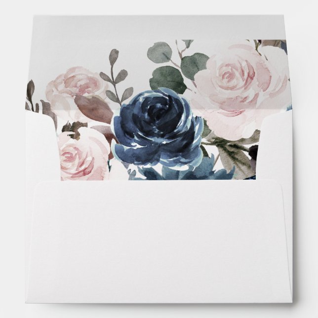 Dusty Blue Blush Pink Floral Botanical Wedding Envelope (Back (Bottom))