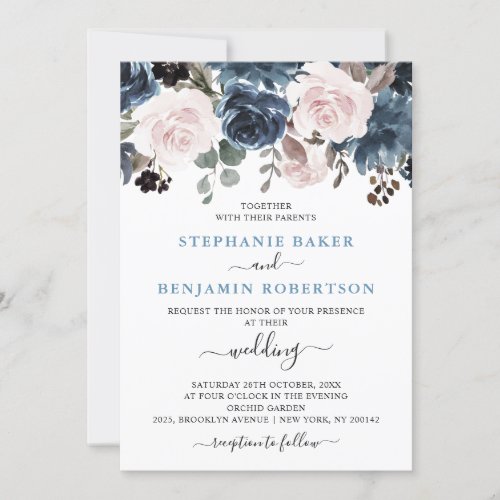 Dusty Blue Blush Pink Floral Botanical Wedding Invitation