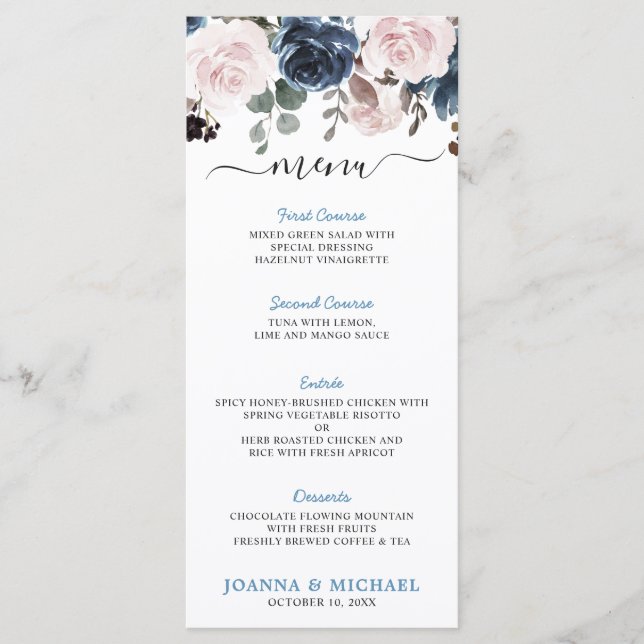Dusty Blue Blush Pink Floral Botanical Wedding Menu (Front)