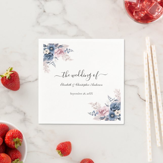 Dusty Blue Blush Pink Floral Botanical Wedding Napkins (Insitu)