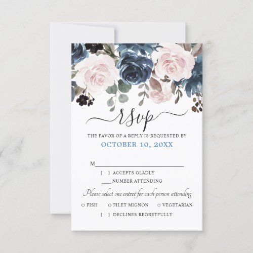 Dusty Blue Blush Pink Floral Botanical Wedding RSVP Card