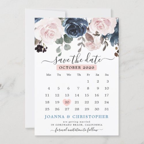 Dusty Blue Blush Pink Floral Botanical Wedding Save The Date