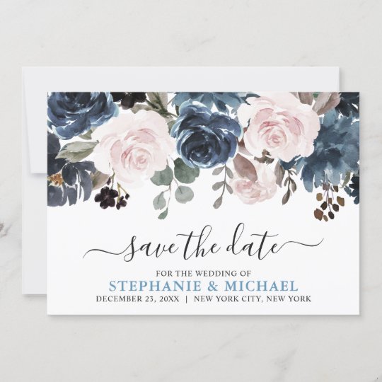 Dusty Blue Blush Pink Floral Botanical Wedding Save The Date