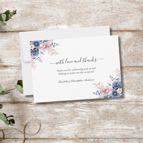 Dusty Blue Blush Pink Floral Botanical Wedding Thank You Card