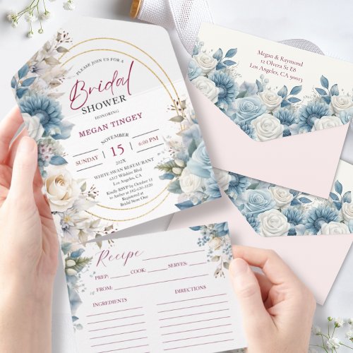 Dusty Blue Blush Pink Floral Bridal Shower All In One Invitation