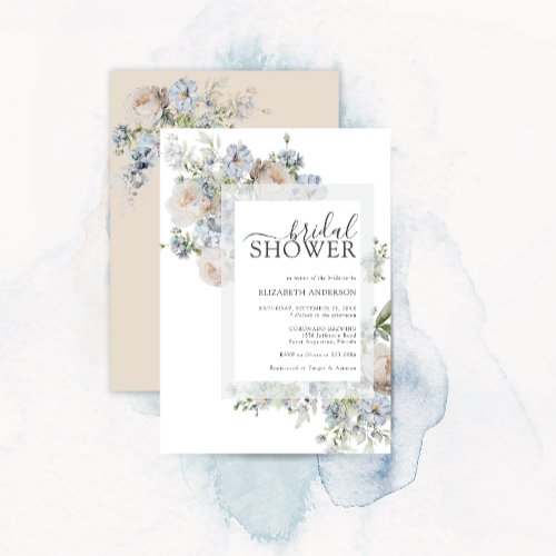 Dusty Blue  Blush Pink Floral Bridal Shower Invitation