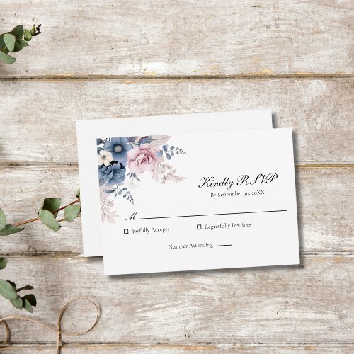 Dusty Blue Blush Pink Floral Elegant Wedding RSVP Card