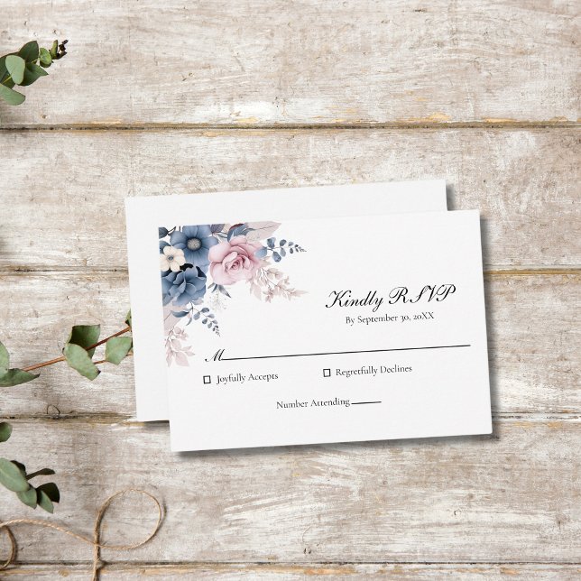 Dusty Blue Blush Pink Floral Elegant Wedding RSVP Card (Dusty blue blush pink floral wedding RSVP card)