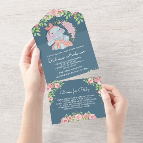 Dusty Blue Blush Pink Floral Elephant Baby Shower All In One Invitation