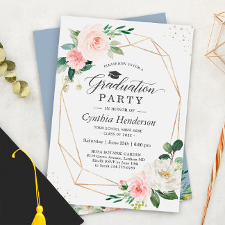 Dusty Blue Blush Pink Floral Graduation Party Invitation