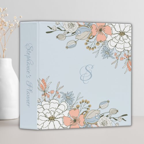 Dusty Blue Blush Pink Floral Monogram Personalized 3 Ring Binder