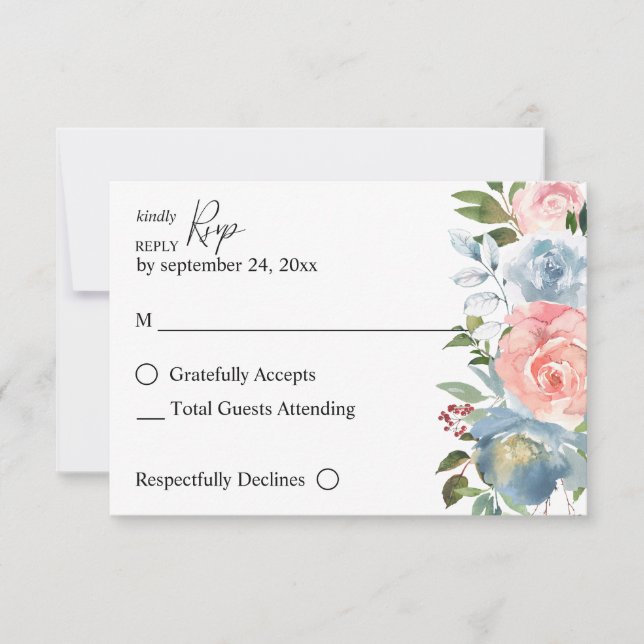 Dusty Blue & Blush Pink Floral no Meal  RSVP Card (Front)