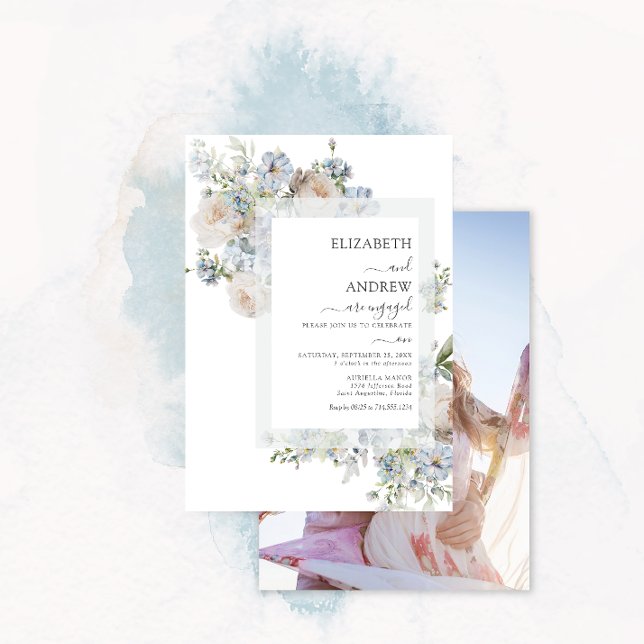 Dusty Blue & Blush Pink Floral Photo Engagement Invitation (Creator Uploaded)