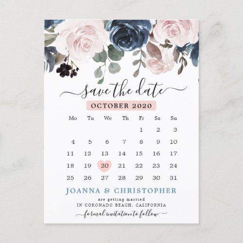 Dusty Blue Blush Pink Floral Save the date Announcement Postcard