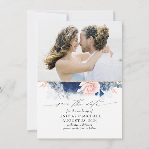 Dusty Blue  Blush Pink Floral Save the Date Photo Announcement