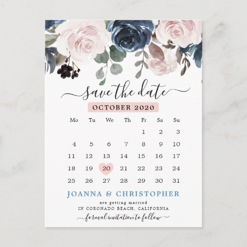 Dusty Blue Blush Pink Floral Save the date Postcard