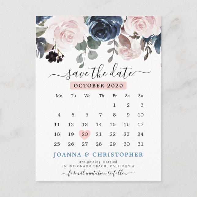 Dusty Blue Blush Pink Floral Save the date Postcard (Front)