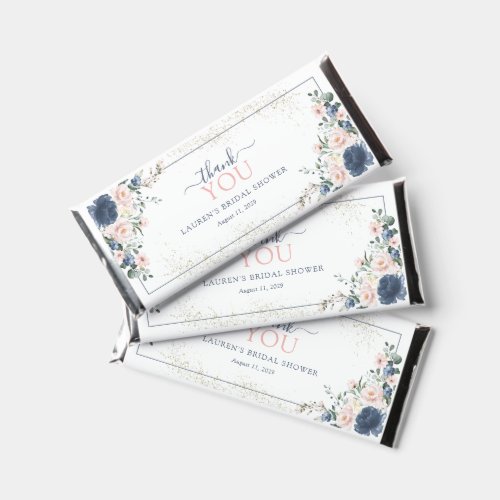 Dusty Blue Blush Pink Floral Shower Hershey Bar Favors - These chocolate bar wedding favors are elegant and modern, perfect for bridal shower or wedding. Part of our Light Dusty Blue Blush Pink Gold Bridal Shower Suite. They feature a floral bouquet of soft, watercolor roses in shades of dusty blue and blush pink, with lush green botanical leaves. Personalise your bridal shower details in soft off-black, the name of the bride to be and the bridal shower date. A sweet way to thank your guests. Part of a co-ordinated suite. View suite here: https://www.zazzle.com/collections/light_dusty_blue_blush_pink_gold_bridal_shower-119382468673252777 Contact designer for matching products. Copyright Anastasia Surridge for Elegant Invites, all rights reserved.

