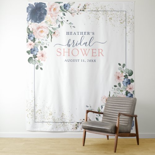 Dusty Blue Blush Pink Floral Shower Photo Booth Tapestry