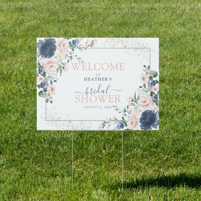 Dusty Blue Blush Pink Floral Shower Welcome Sign (Insitu)