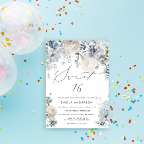 Dusty Blue  Blush Pink Floral Sweet 16 Birthday Invitation