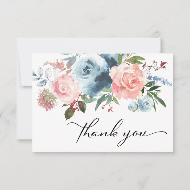 Dusty Blue & Blush Pink Floral Thank You Cards (Front)