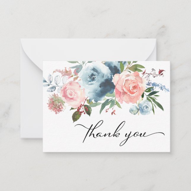 Dusty Blue & Blush Pink Floral Thank You Note Card (Front)
