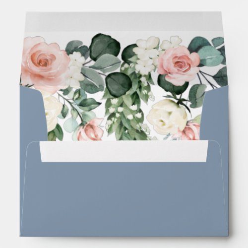 Dusty Blue Blush Pink Floral Watercolor Wedding Envelope