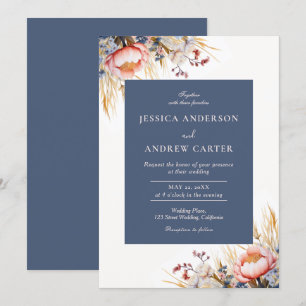 Dusty Blue & Blush Pink Floral Watercolor Wedding Invitation