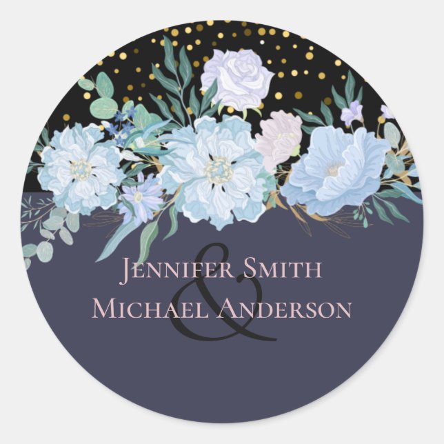 Dusty Blue Blush Pink Floral Wedding Budget Classic Round Sticker (Front)