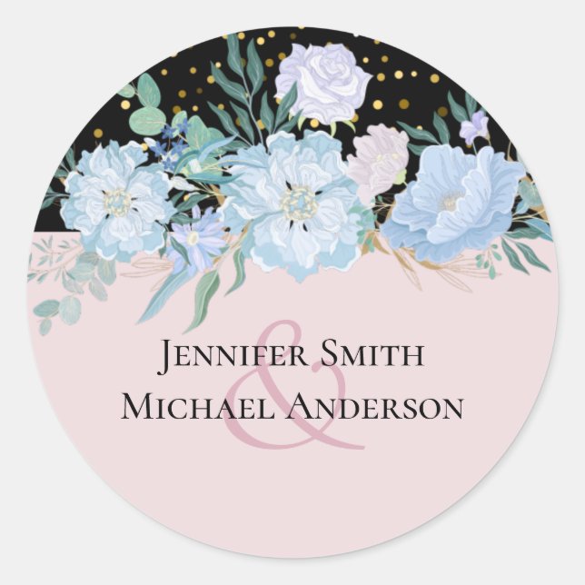 Dusty Blue Blush Pink Floral Wedding Budget Classic Round Sticker (Front)