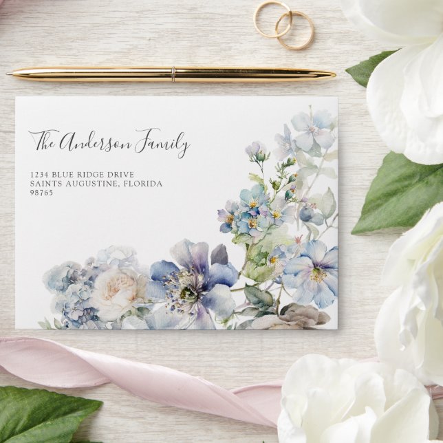 Dusty Blue & Blush Pink Floral Wedding Envelope (Wedding)