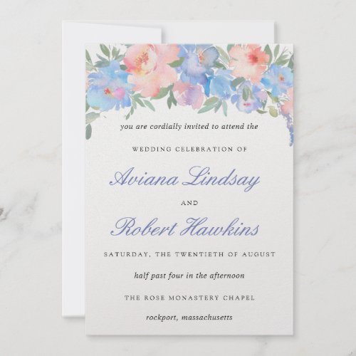 Dusty Blue Blush Pink Floral Wedding Invitation
